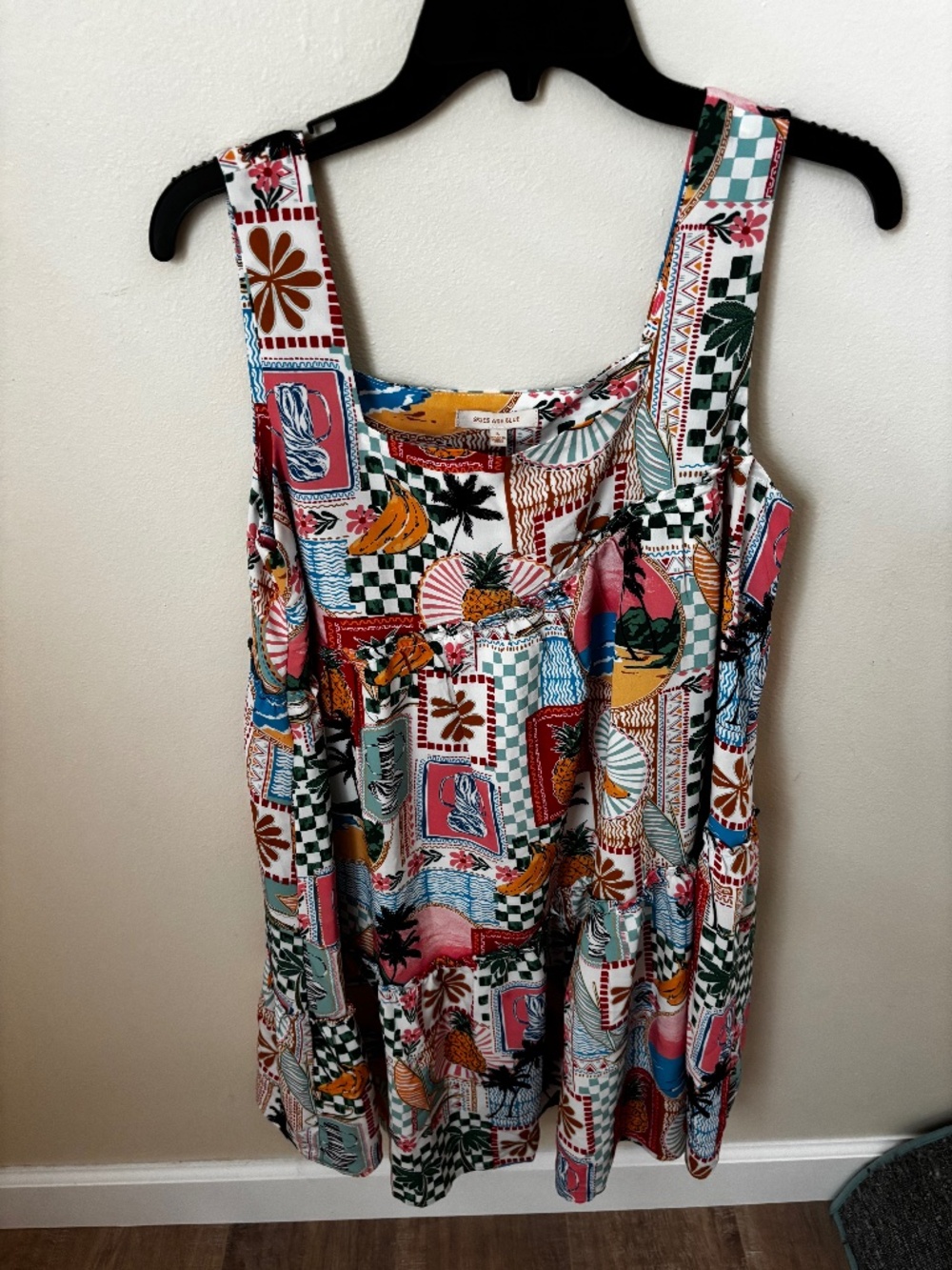 Skies Are Blue Floral trapeze small Mini Dress Boho Colorful Vacation L